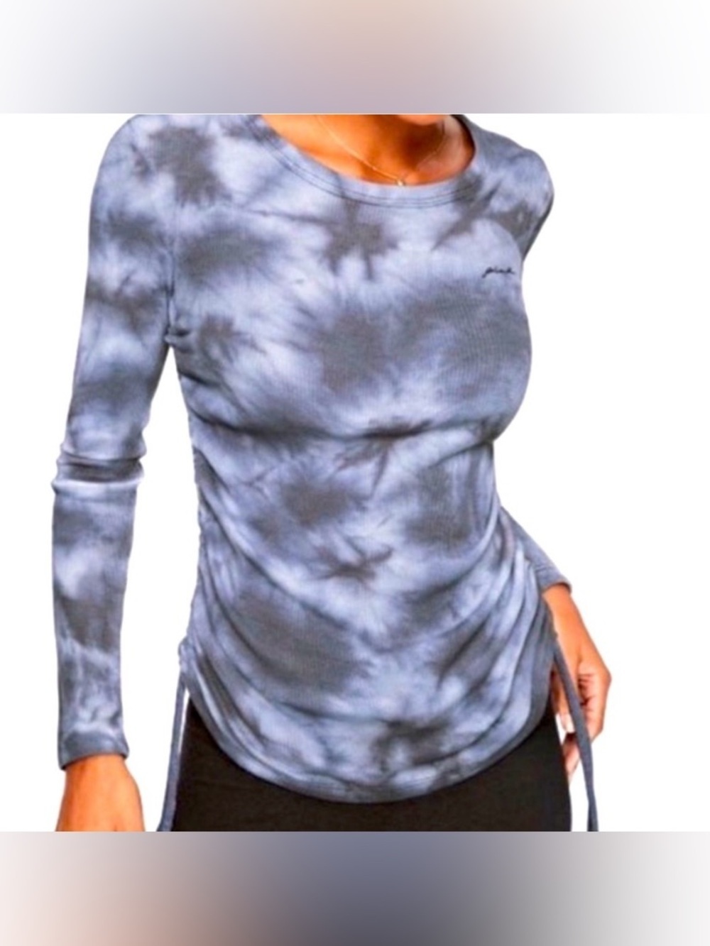 PINK Victoria’s Secret Ruched Tie Dye Waffle Knit Long Sleeve Shirt Blue Sz S